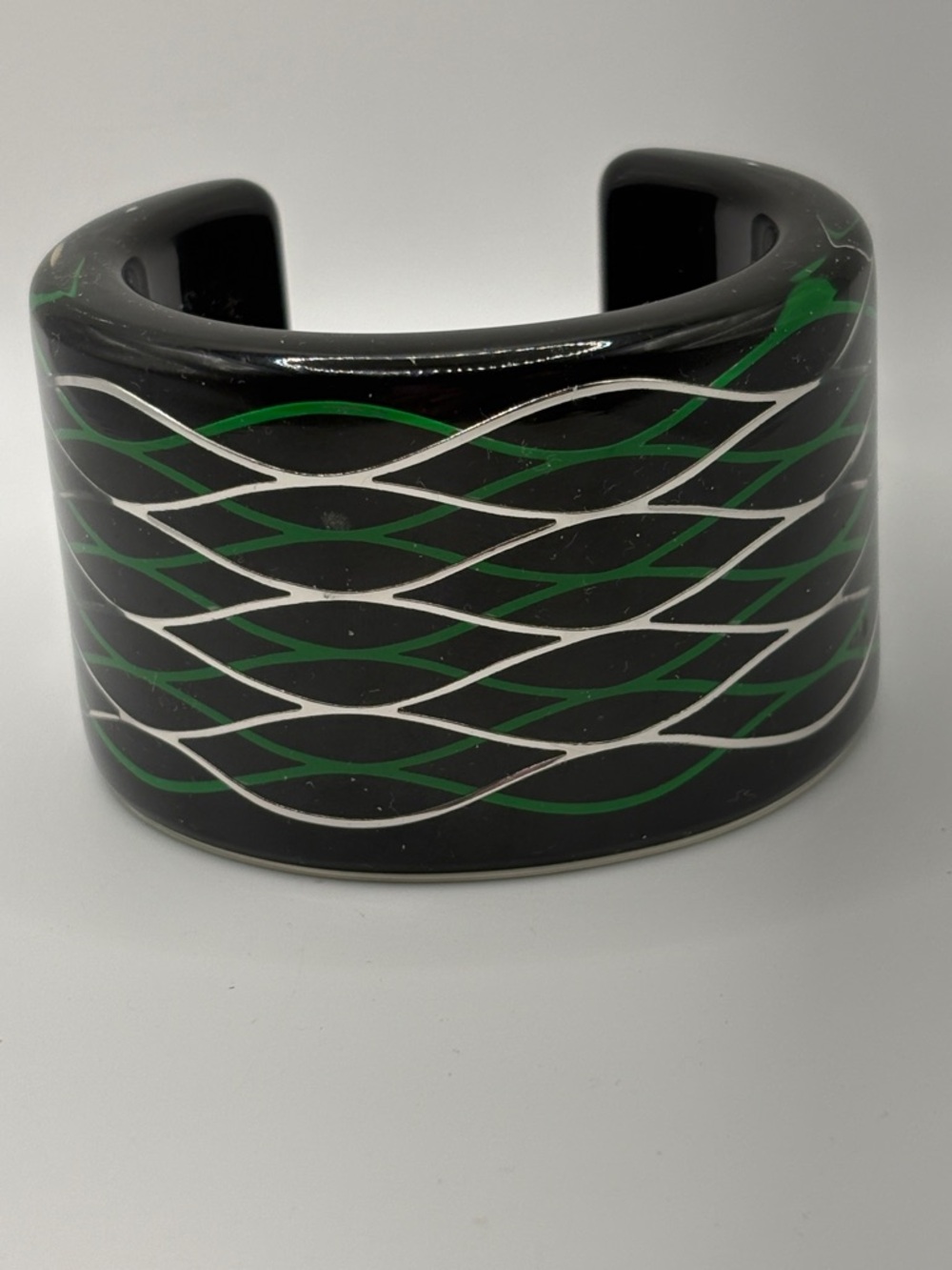 Kenzo H&M Collaboration Black Resin Cuff Bracelet Green Silver Wave Motif 6.75